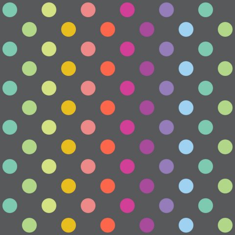 Tula Pink patchworkstof med farverige polkaprikker p mrkegr baggrund