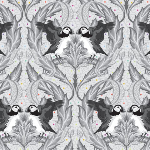 Gr�tonet patchworkstof fra Tula Pink med s�papeg�jer