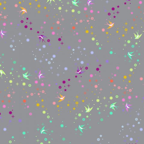 Tula Pink patchworkstof med glimmer og festv i alle regnbuens farver p gr baggrund