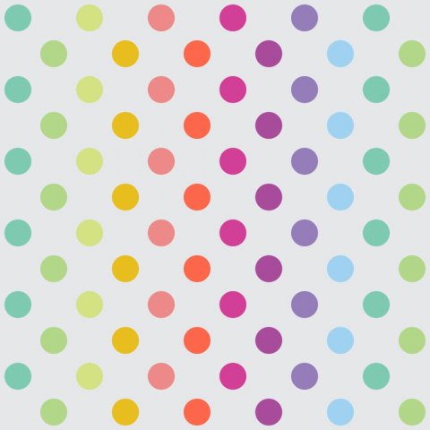 Tula Pink patchworkstof med rengbuefarvede prikker p� en lysegr� baggrund