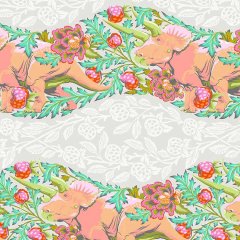 Beige patchworkstof med flotte blomstrende mnstre og dinosaurer