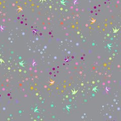 Tula Pink patchworkstof med glimmer og festv i alle regnbuens farver p gr baggrund